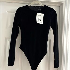 naked wardrobe Black Long Sleeve Velvet Bodysuit